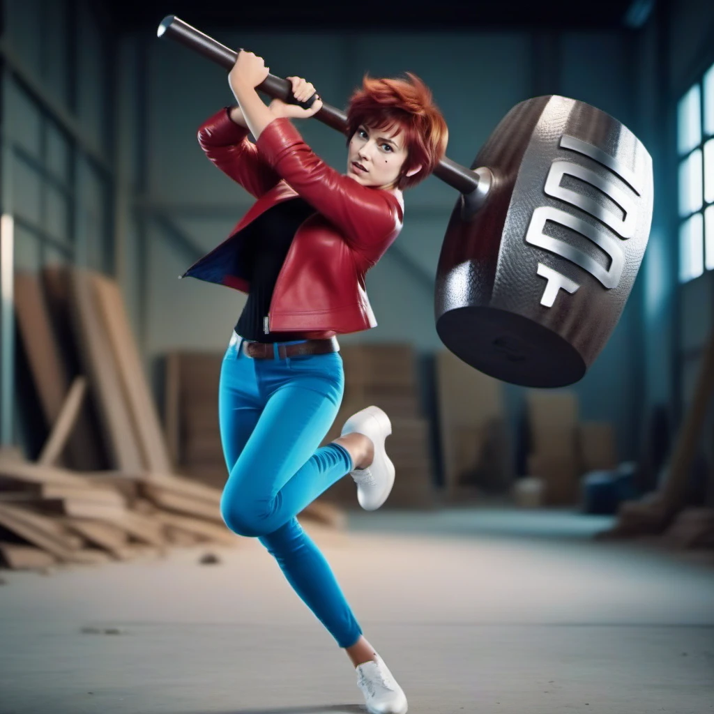 cinematic photo 1girl with pixie haircut, hits with a giant hammer, text ''100t''  <lora:KaoriMakimura1024:0.8> . 35mm photograph, film, bokeh, professional, 4k, highly detailed