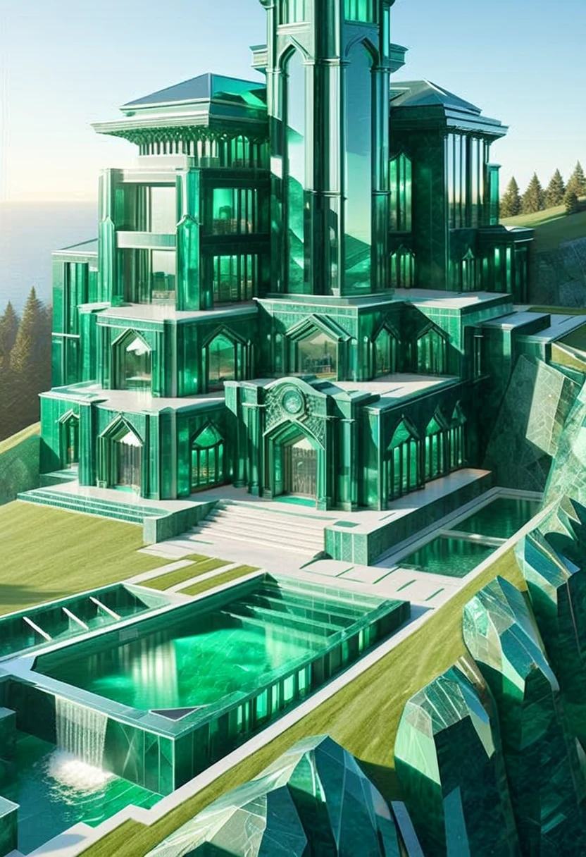 emeraldmorph, a mansion on a hill, modern architecture, surreal architecture