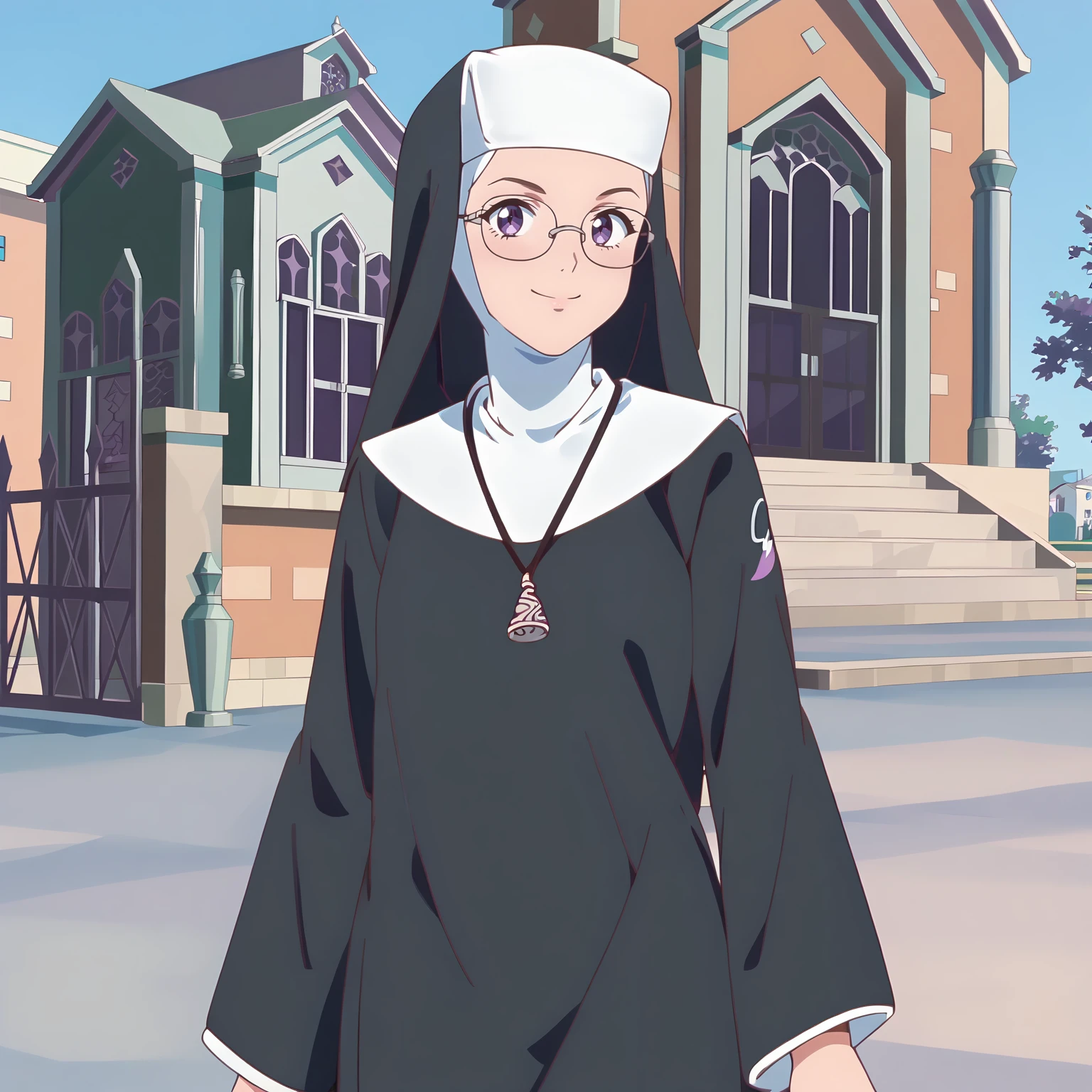 <lora:NCfY_SisterXLpony001>,
looking at viewer,smile,
solo,
SistSensei,1girl,purple eyes,eyewear,
veil,nun,necklace,
outdoors,school,
standing,