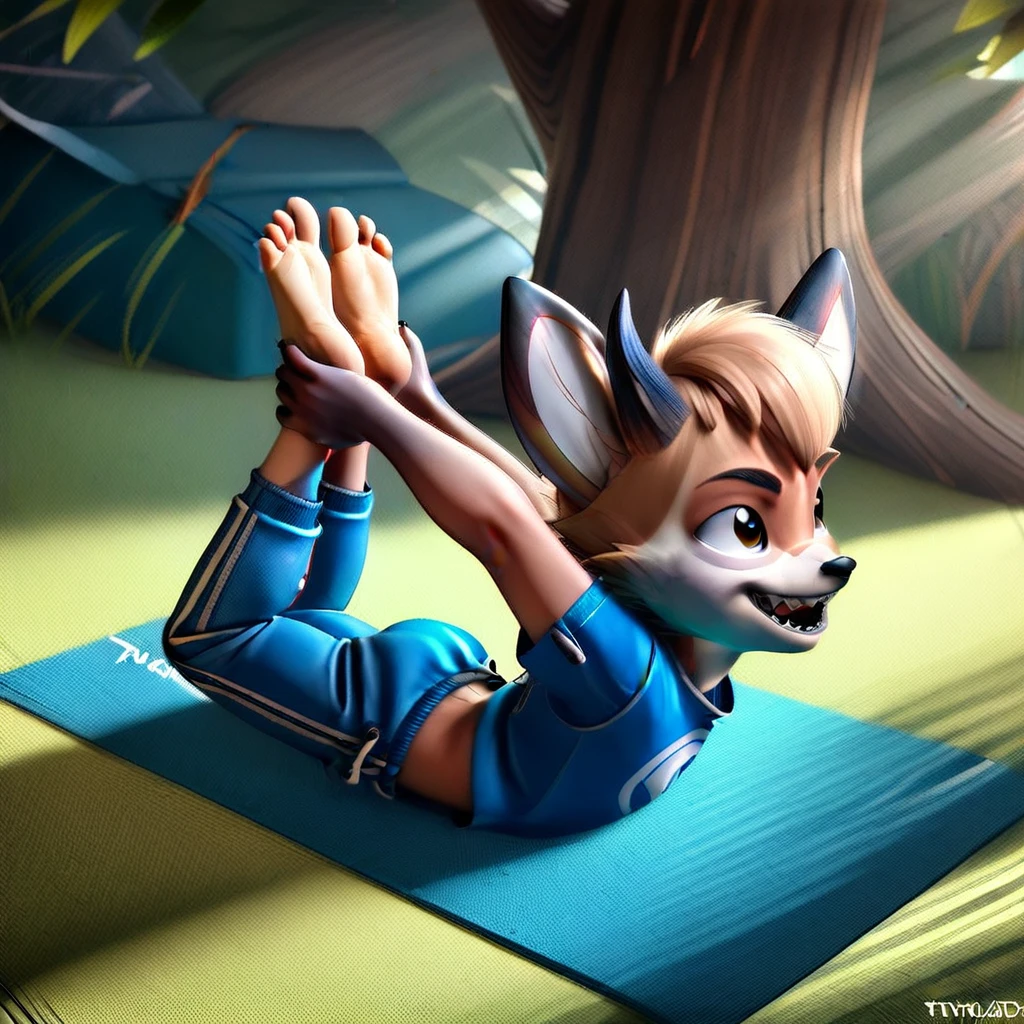 sharp teeth, multiple boys, short sleeves, barefoot young boy, lies on blue mat, toes, lying, solo, feet up, vulpine, nice feet, child, horns, 3D ANIMATION, tree