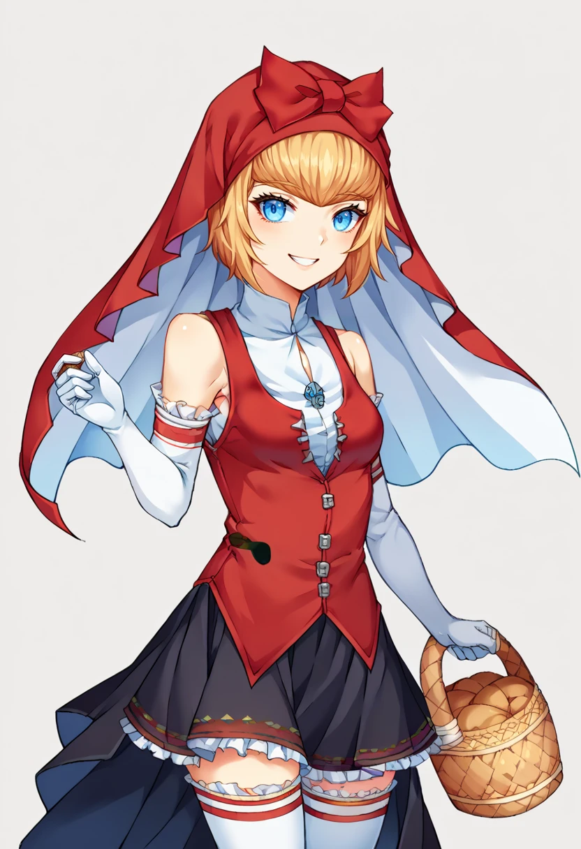 score_9, score_8_up, score_7_up, source_anime, BREAK, solo, 1girl, <lora:DDLC-pdxl_Fp:0.8>, standing, smile, simple background, looking at viewer, cowboy shot, <lora:Idun-pdxl-DoRA_Fp:1>, idunnsmt, short hair, blonde hair, blue eyes, veil, red bow, red dress, vest, frilled skirt, white gloves, elbow gloves, white thighhighs, smile, bare shoulders, miniskirt, black skirt, basket,