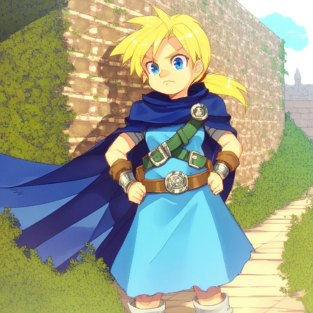 score_9, solo, hs, blonde hair, ponytail, blue eyes, cape, belt, outdoors