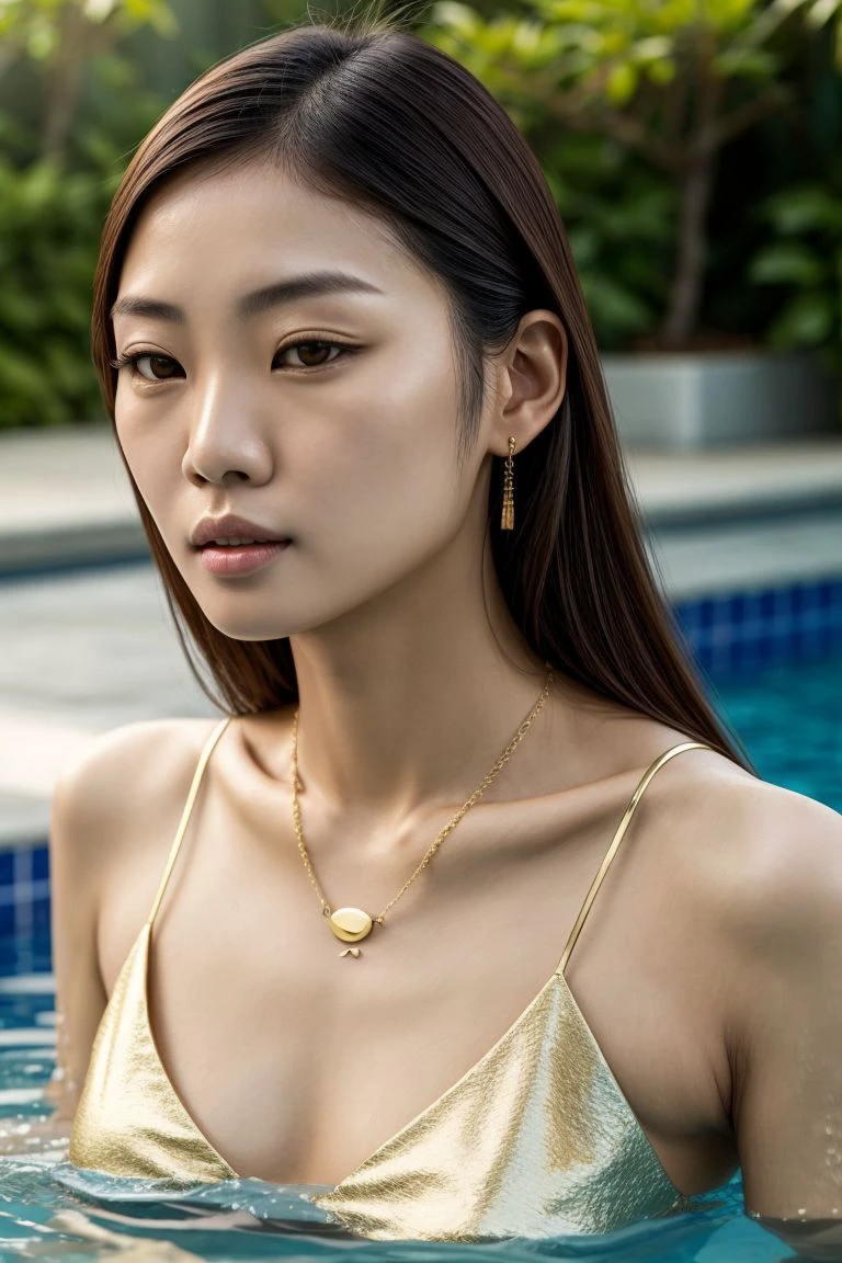 20 year old Asian female with shoulder-lenght brown hair, wearning gold necklace with blue gemstones against background, sunny