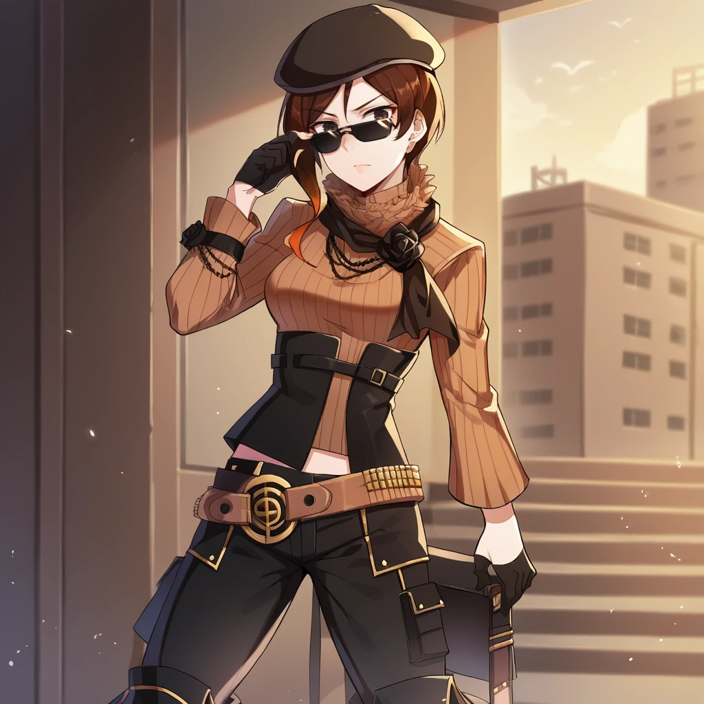 score_9, score_8_up, score_7_up, score_6_up, score_5_up, score_4_up, zPDXL2,1girl, solo, cowboy shot,  <lora:Coco_Adel_-_RWBY:0.8> coco_rwby, sunglasses, brown beret, brown hair, gloves, black gloves, belt, sweater, boots, pants, jewelry, looking over eyewear, one hand raised, seeking attention, urban setting,