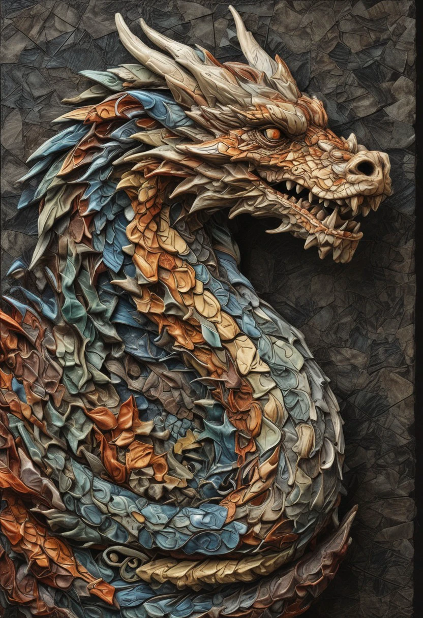 masterpiece, best quality,highly detailed and hyper realistic, (((A fabulous dragon made of multicolored ceramic tiles)))