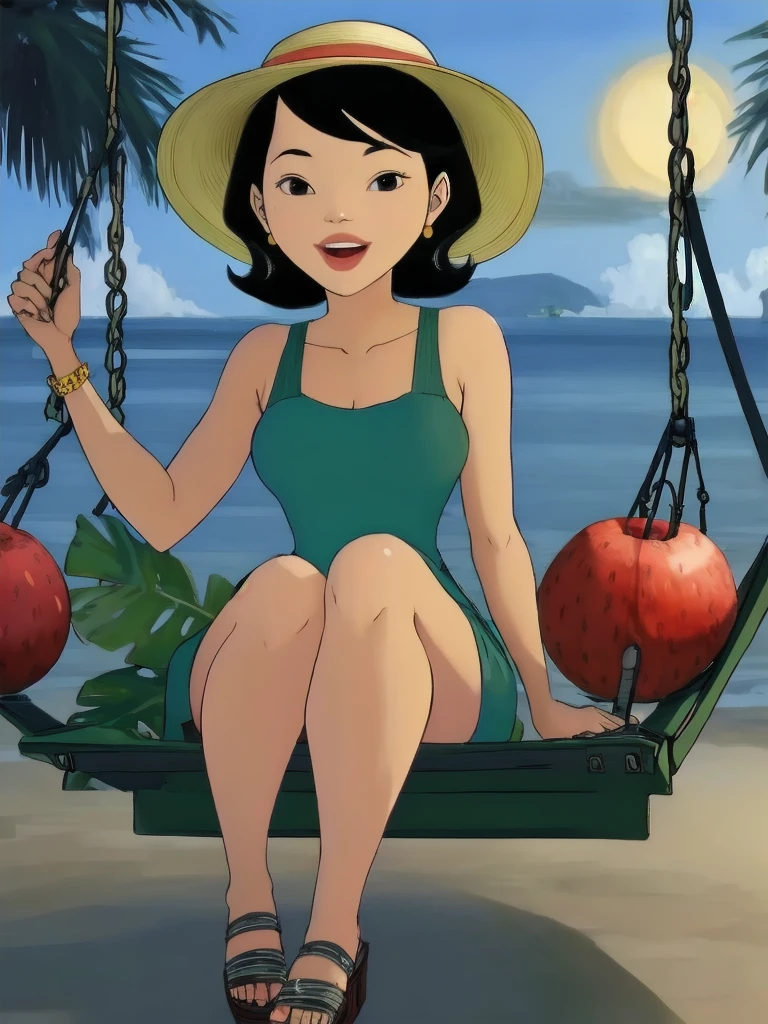 night,Seated on a swing looking playful,pussy, sulongs1 ,black eyes, black hair, short hair,Tropical Island Escape: Maxi dress, floppy hat, and sandals.,Fruit stands,woman,solo