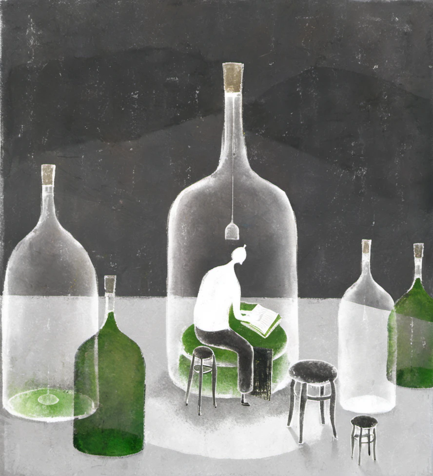 surrealism,illustration,man,book,bottle,sitting,stools,confinement,isolation,glass,furniture,indoor,dark background,white figure,grey,black,green,metaphor,pencil drawing,storytelling,artistic,conceptual,imaginative,textured,shadow,light,small space,<lora:æ²»æ-000009:0.8>,