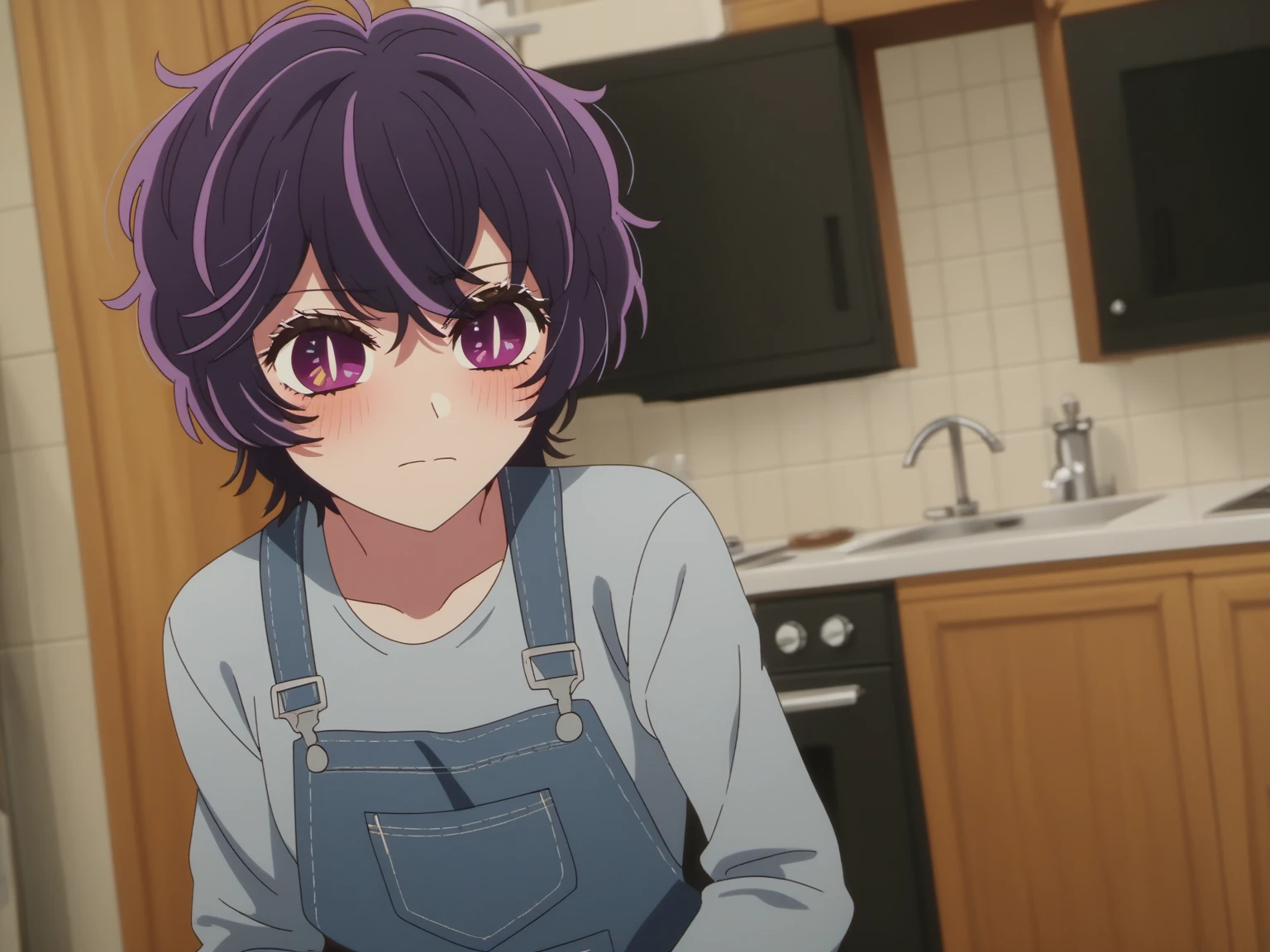 abikosamejima, 1girl, short hair, purple hair, purple eyes, messy hair, solo, streaked hair,   petite, <lora:AbikoSamejima-e10:0.9>, blush, shy, overalls, grey shirt, long sleeves  zPDXL2