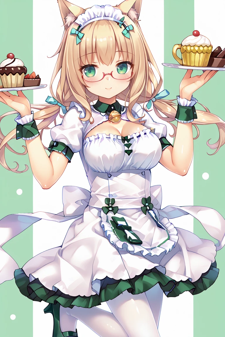 big_breasts,,blushing,,_face,,,,sayo,school_uniform,wavy_hair,
,cinnamon(nekopara),bow, green bow, ribbon, bell, neck bell, hair ribbon, maid headdress, maid, frills, clothing cutout, cleavage cutout, short sleeves, puffy sleeves, wrist cuffs, puffy short sleeves, apron, waist apron, frilled apron, pantyhose, white pantyhose, white legwear, shoes, high heels, green footwear,hachi,green_eyes,semi-rimless_glasses<lora:EMS-423640-EMS:0.800000>, <lora:EMS-395177-EMS:0.800000>