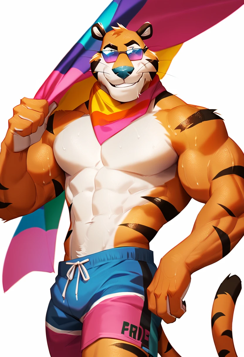 score_9, score_8_up, score_7_up, 1boy, tony the tiger, handsome, furry, anthro, tail, (realistic), muscular, sweaty, shirtless, shorts, foulard, looking at you, gay pride parade, days in a flash pointing at you, smile, sunglasses, holding pride flag<lora:EMS-57135-EMS:1.000000>, <lora:EMS-424204-EMS:0.800000>