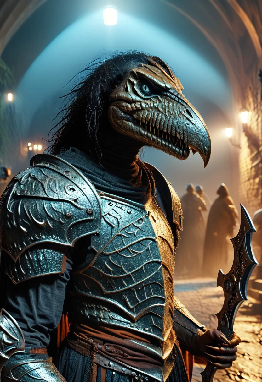 score_9, score_8_up, score_7_up, skeksis, solo, 1boy, claws, bulky, strong, no humans, (dark armor, shoulder armor, helmet, holding weapon:1.7), upper body,  dark body, (realistic lighting, photo, photorealistic:1.7), angry, castle background, fighting pose