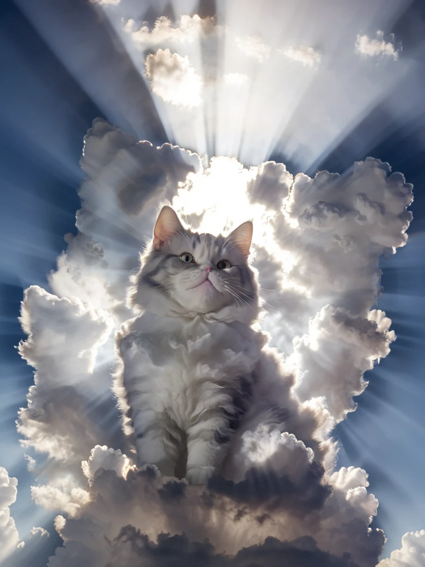 <lora:cloudsXL:1> cat made of clouds, cloud, sky, day, light rays,