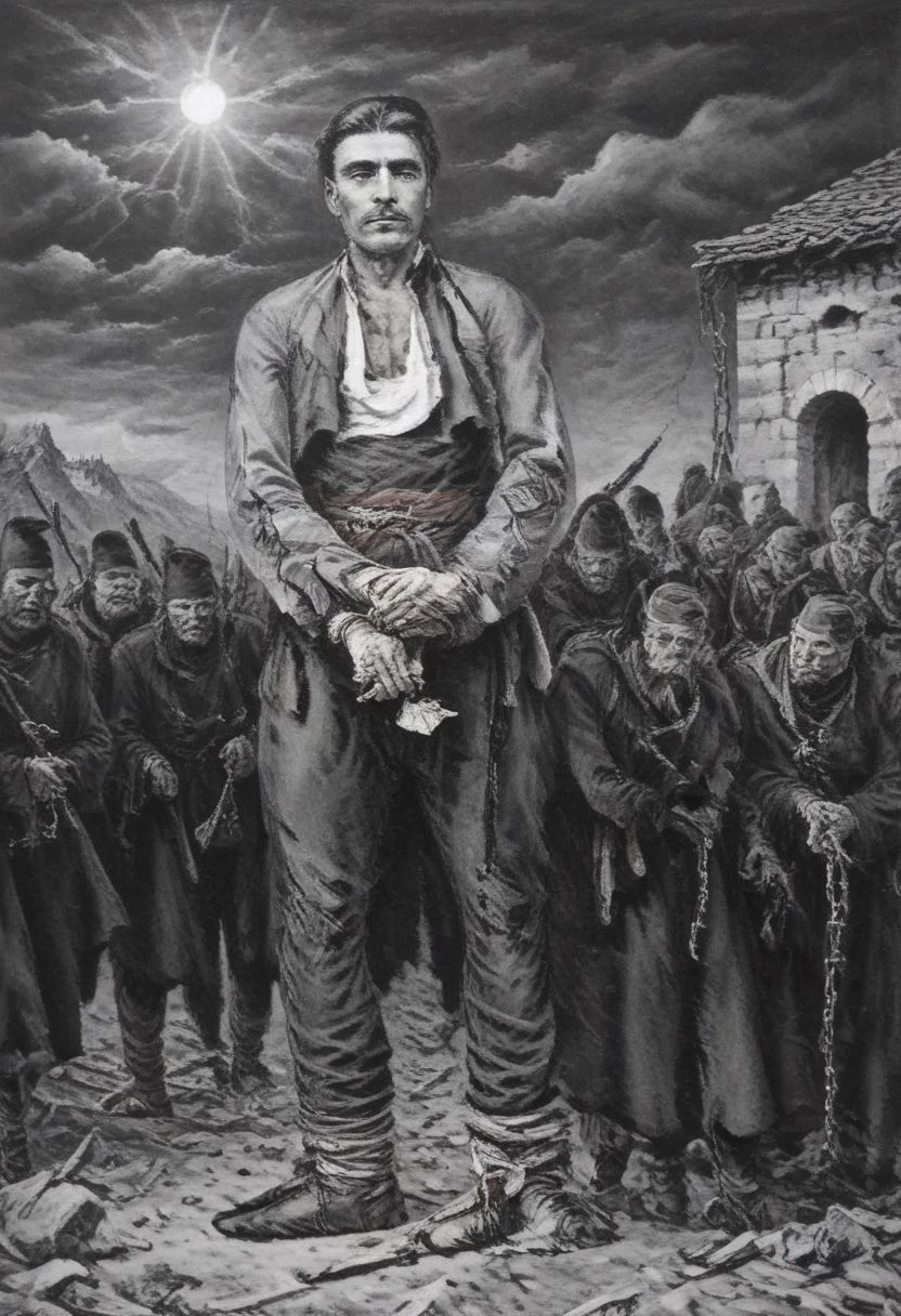 Dramatic and realistic high quality and ultra high resolution image of Vasil Levski in front of the gallows accompanied by Ottoman soldiers, correct anatomy, correct anatomy of arms and legs Vasil Levski: Tall, slender man with a beard and moustache. Dressed in dark clothing, draped with (the yamurluk is a thick woolen outer garment) a folk costume to protect against the cold and rain characteristic of the era (1860s). He radiates courage and determination, but at the same time he is aware of his destiny. hand and foot shackles. (The gallows): (A wooden structure erected in a field near Sofia.) A crowd of people has gathered around it, watching in silence. Their faces are sad, dejected. Some of them may cry or mumble. In the background you can see churches, mosques or other buildings from the era. Atmosphere: dramatic, sad, hard winter, cold weather, stormy wind, dark and gloomy, The air is filled with tension and sorrow, sadness. The sun is setting, casting long shadows. a heavenly ray of light through the clouds falls on Levski, symbolizing his faith and martyrdom. A mountain or other symbol of freedom must be visible behind the gallows. wolves in the distance, children crying, resistance