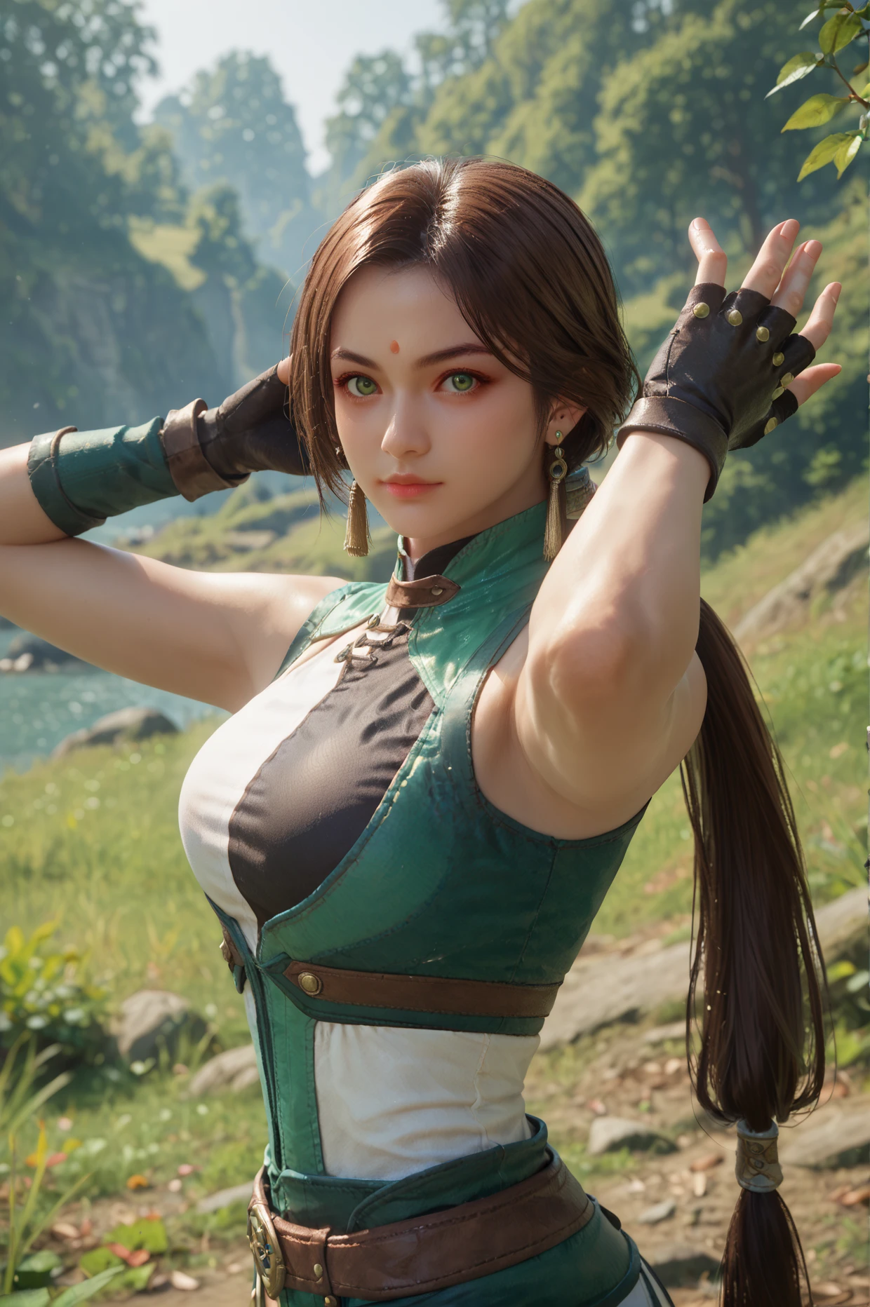 score_9, score_8_up, score_7_up, half body shot, Balancing with arms outstretched, <lora:Yueying_Dynasty_Warriors:0.7> 1girl, solo, green eyes, brown hair, long hair, ponytail, earrings, jewelry, fingerless gloves, looking at viewer, outdoors