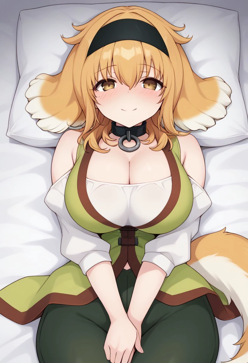 Roxanne,1girl, solo, breasts, large breasts, navel, animal ears, cleavage, tail, hairband, pants, orange hair, collar, dog ears, dog tail, dog girl, black collar, green pants, floppy ears, eyes closed, sleeping, lying on bed, waist up, leather slave collar choker, bracers