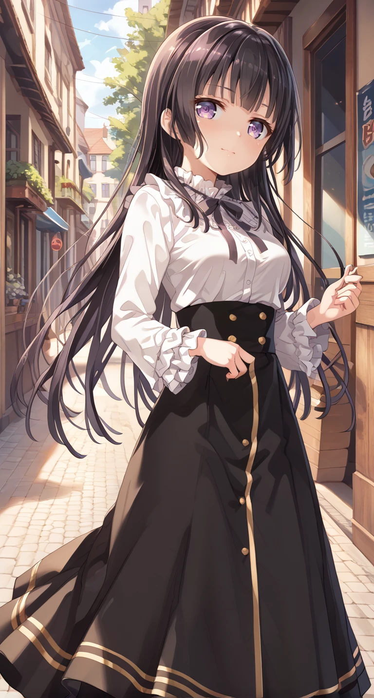 score_9,score_8_up,score_7_up,
official art,official style,game cg,megami magazine,
uncensored,
1girl,
bang dream!,
shirokane rinko,
srknrnkcasual,black hair,very long hair,black ribbon,black skirt,blunt bangs,long skirt,white shirt,
frilled shirt collar,frilled sleeves,frills,high-waist skirt,hime cut,neck ribbon,purple eyes,
<lora:bang_dream_shirokane_rinko_pony_v2:1>,