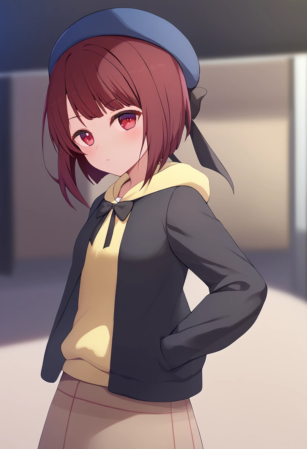 1girl,
arima kana,
bob cut, looking at viewer, inverted bob, red eyes, blurry background, yellow hoodie, plaid skirt, hood, bow, solo, black jacket, hat, blue hat, skirt, hat bow, blush, beret, black bow, brown hair, hoodie, short hair, plaid, jacket, hand in pocket, closed mouth, long sleeves, blurry, casual, brown hat, bubble, standing, brown skirt,
score_9, sfw
<lora:pony_char_arima_kana-000011:1>