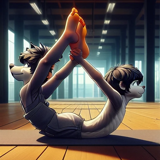 photorealistic, black hair, simple animation, barefoot boy, short hair, building, long hair, muscular male, dog boy, scales, child, front-side view, barefoot male, HOLDING ANKLES WITH HANDS, visible soles