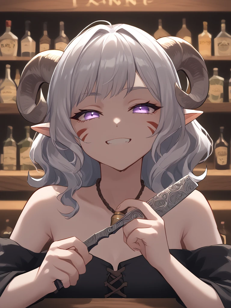 source_furry, score_7_up, rating_safe, cowboy shot, close up, source_anime,anime face,<lora:whisker_markings:0.8>red whisker_markings, silver long wavy hair, tarven, bar, market, bell necklace, short pointy ears, purple eyes, <lora:age_slider_v4:0.6>
Razor_blade, holding Razor_blade,
<lora:Tieflingnew weird fantasyDND:0.3><lora:Smooth Style 2 SDXL_LoRA_Pony Diffusion V6 XL:0.3> smile, open eyes, 
<lora:Test_Diana:0.6> tiefling_bard_diana, <lora:INKxXmo shaded face:1> Shaded Face:1.2,INKxXmo Dark Theme,
 <lora:Razor_blade:1>