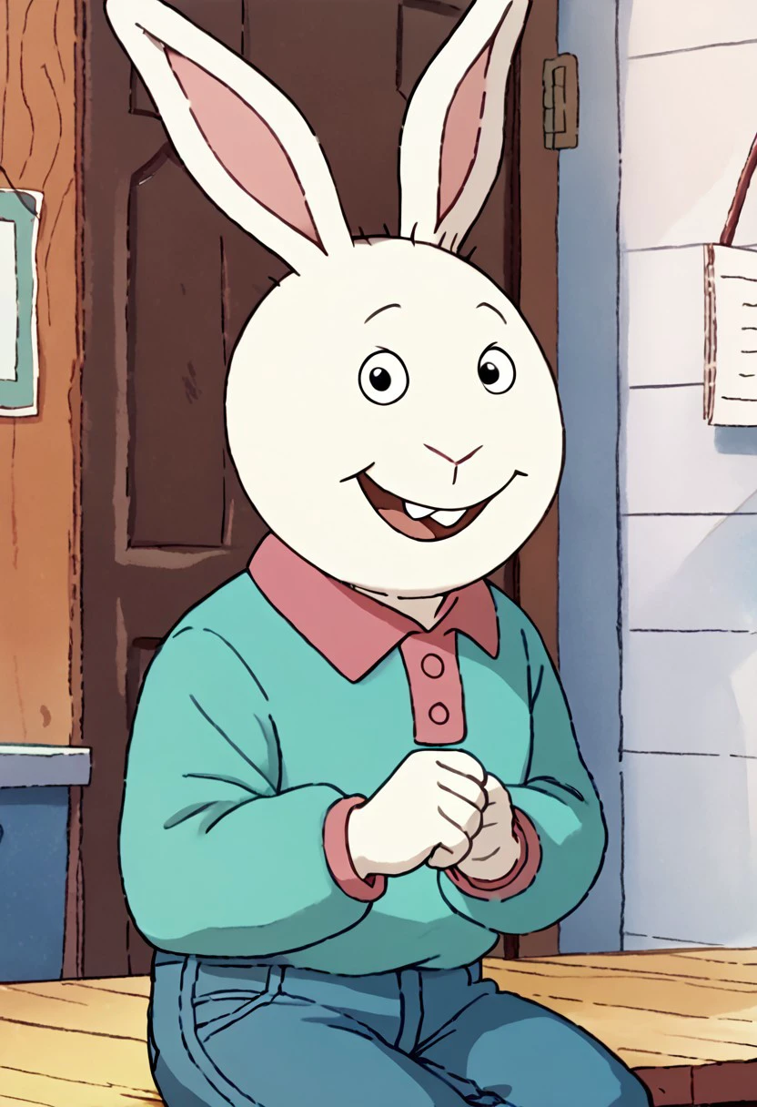 score_9, score_8_up, score_7_up BREAK BusterBax, 1boy, anthro bunny, white fur, white body, black eyes, buckteeth, pink-collared cyan long-sleeved polo shirt, jeans, red white shoes, smiling at viewer,