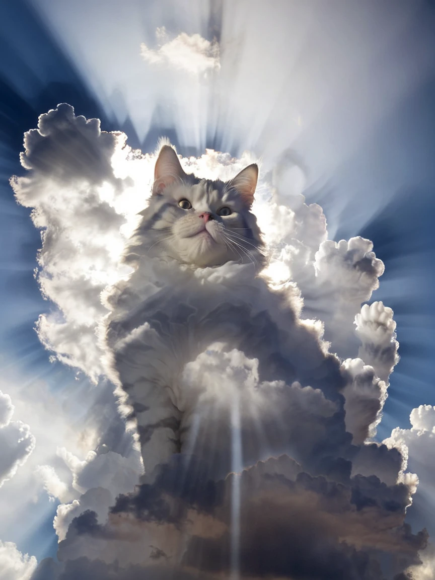 <lora:cloudsXL:1> cat made of clouds, cloud, sky, day, light rays,