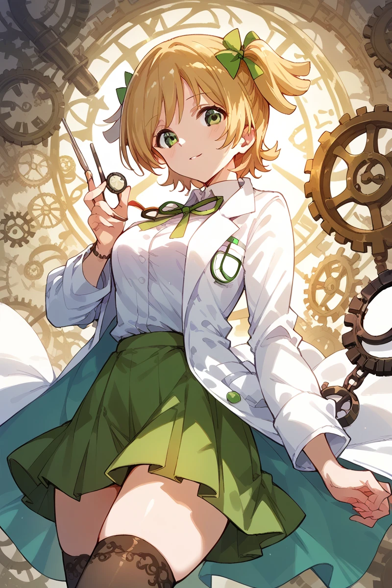 score_9, score_8_up, score_7_up, score_6_up, 1girl,
 <lora:Nana_Daiba:0.9> nana, green eyes, blonde hair, solo, skirt, thighhighs, looking at viewer, shirt, ribbon, bangs, miniskirt, gears, short hair, green skirt, lab coat