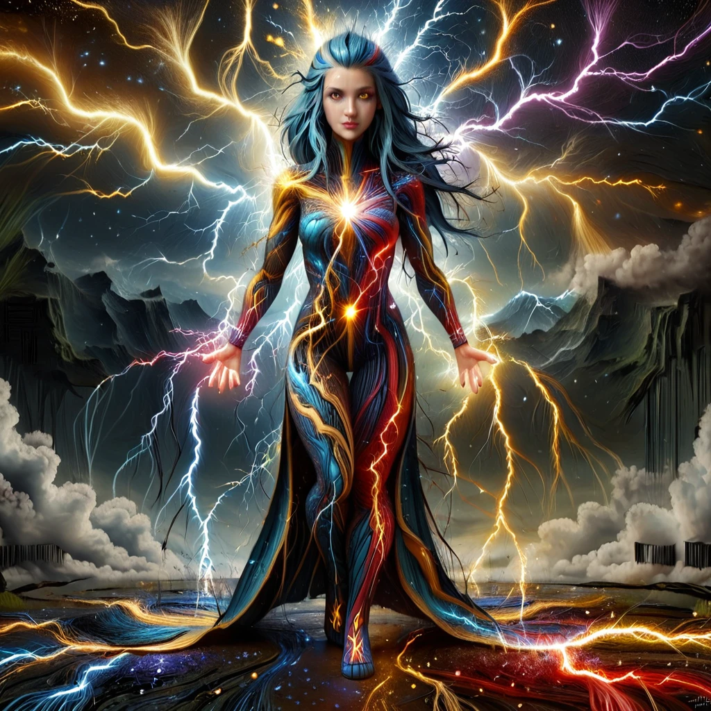 lthndrtrl, young woman made of lightning thunder trails, large boobs, full body, long thunder hair, golden and blue and red and yellow and purple lightning thunder trails,8k resolution, jeweled eye. HDR highly detailed