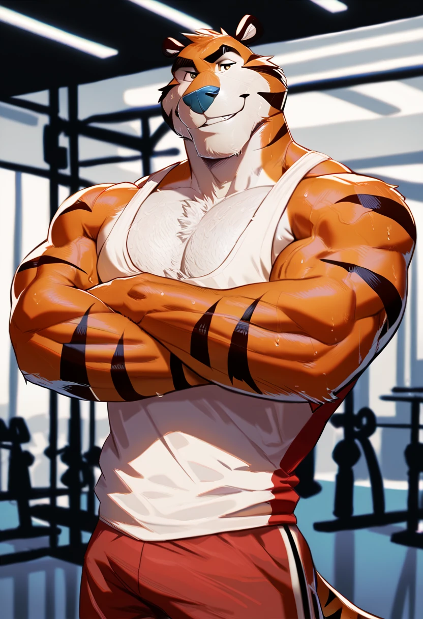 score_9, score_8_up, score_7_up, 1boy, tony the tiger, handsome, furry, anthro, tail, sweaty, (realistic:1.3), (foulard), muscular, pectorals, tank top, shorts, crossed arms, veiny arms, gym, looking at you, smirk, (chest hair)<lora:EMS-57135-EMS:1.000000>, <lora:EMS-424204-EMS:0.800000>