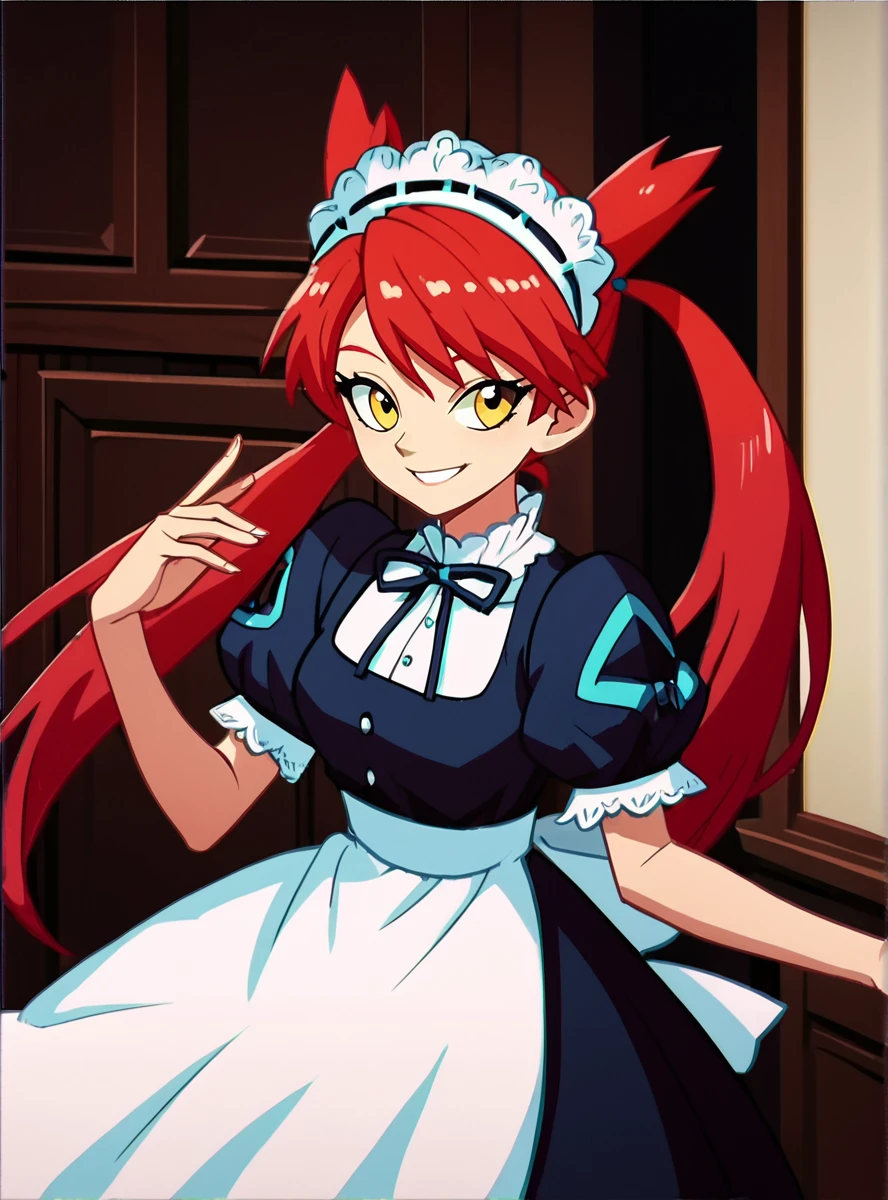 score_9, score_8_up, score_7_up, score_6_up, score_5_up, score_4_up source_anime,   anime screencap,   <lora:LAtiasAdventure:0.8>1girl, adventurelatias, solo, twintails, red hair, maid headdress, maid, smile, yellow eyes, long hair smile