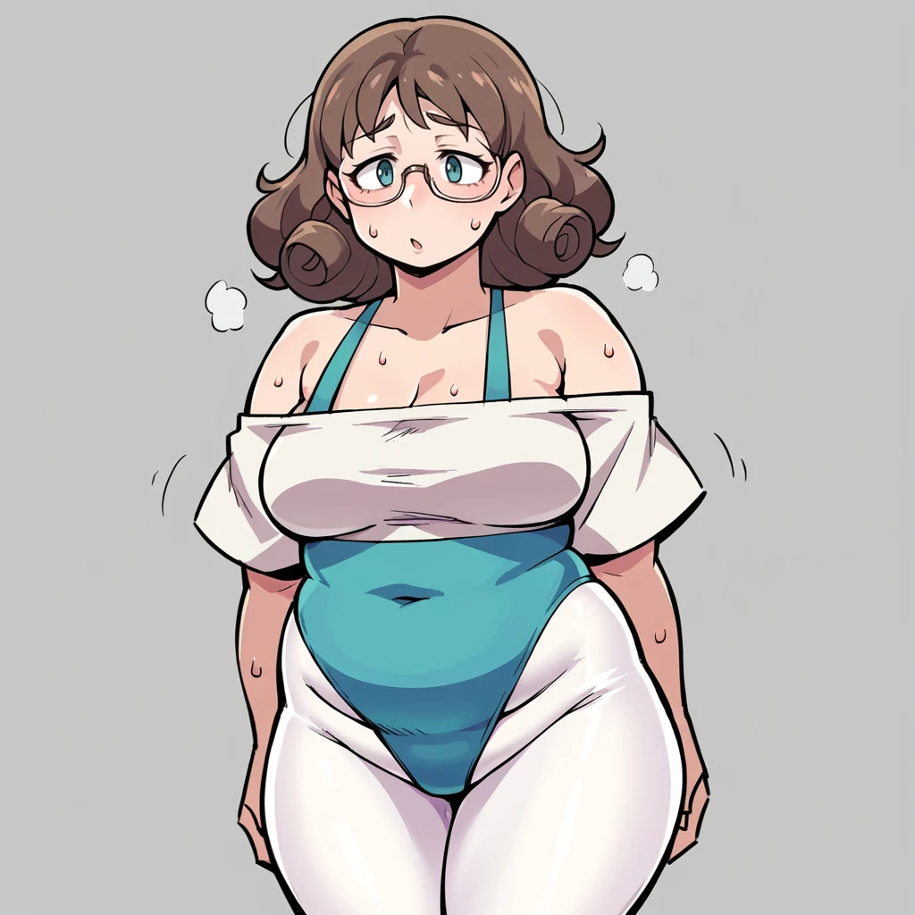 score_9, score_8_up, score_7_up, score_6_up, score_5_up, score_4_up, zPDXL2,source_anime,rating_questionable,1girl, solo, curly long brown hair, glasses, chubby, sweat, standing, <lora:JazzerciseAerobics_Outfit:0.8> Jazz3rcise, teal highleg leotard, white pantyhose, white off shoulder over shirt,