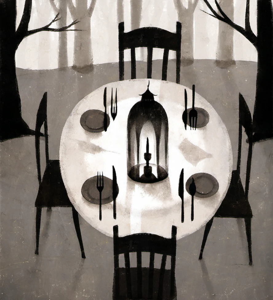 surreal art,dark,whimsical,dinner table,gothic,utensils,crescent moon,branches,empty chairs,mystical,monochromatic,shadow,eerie,illustration,soft lighting,minimalistic,polished texture,fantasy elements,muted colors,dreamlike,mystical ambiance,lantern,knife,fork,plate,forest,night scene,abstract,atmospheric.,<lora:æ²»æ-000009:0.8>,