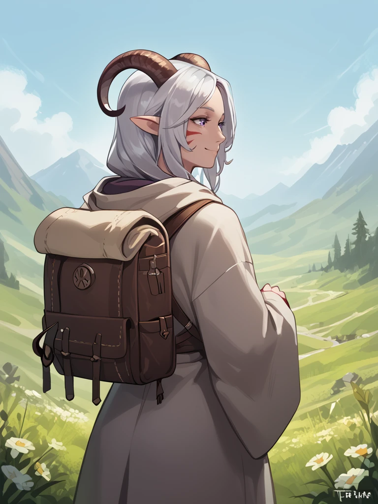 source_furry, score_7_up, rating_safe, 
 <lora:Adventure_backpack:0.7> adventure_backpack:1.3, items on back, bedroll:1.5, 
tiefling_bard_Diana:1.2, silver hiar, meadow,  robe:1.2, standing back, smile, solo, back, close up, 
purple eyes, <lora:whisker_markings:0.4>red whisker_markings, 
 <lora:Nanoless_Artist_Style_PonyXL:0.2> <lora:age_slider_v4:0.7> 
<lora:Test_Diana:0.7>, hood up,