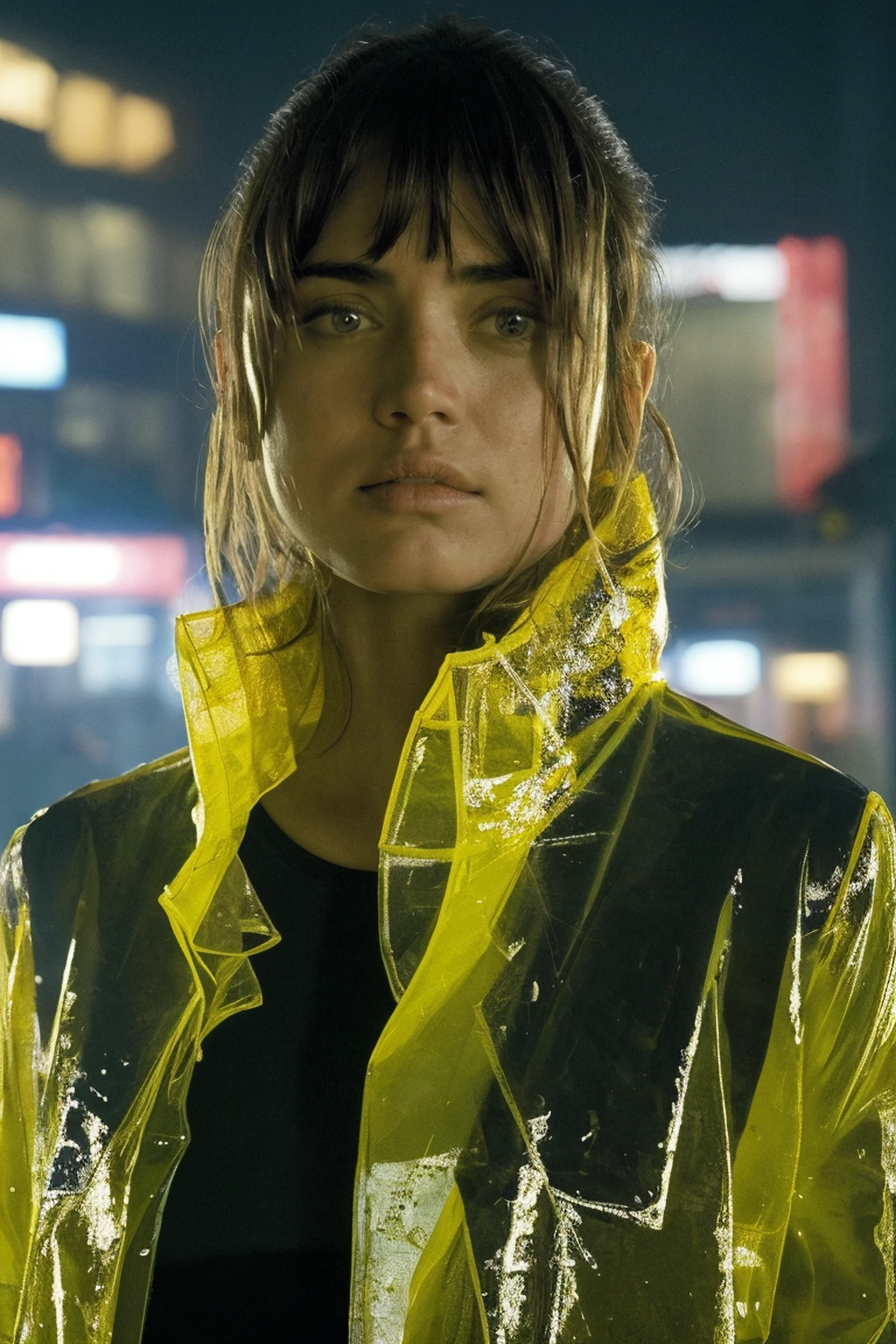 1girl, wearing rain coat, bangs, looking at viewer, (blurry background), detailed face, (absurdres, best quality, masterpiece:1.4), (high detailed skin:1.3)
 <lora:joi_br2049_lora_v02:1> joi