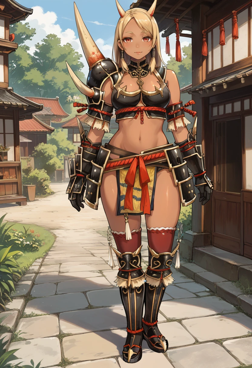 (score_9:0.9),score_8_up,score_7_up,rating_safe,anime style,(zPDXL),<lora:Kishin Armor ponyXL v1:0.7>,mature female,kishin armor,oni horn hiarband,black gauntlets,black knee boots,black loincloth,black single shoulder pad,black bikini armor,1girl,,blonde hair,long hair,full body,dark-skinned female, midriff, navel, japanese building