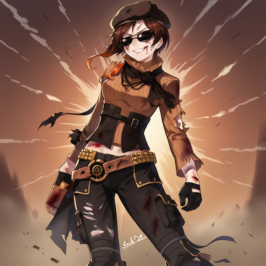 score_9, score_8_up, score_7_up, score_6_up, score_5_up, score_4_up, zPDXL2,1girl, solo, cowboy shot,  <lora:Coco_Adel_-_RWBY:0.8>coco_rwby,  brown hair, sunglasses, brown beret, gloves, black gloves, belt, sweater, boots, pants, jewelry, smirk, <lora:Battle_Damage:0.6> battledamage,torn clothes, solo, blood, injury, bruises