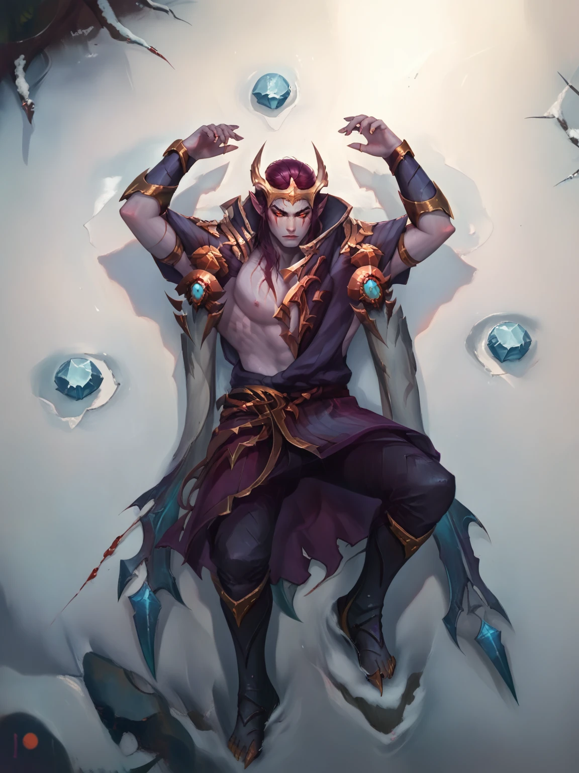 score_9, score_8_up, score_7_up, BREAK, ApheliosNB, 1man, solo, purple hair, golden horned crown, red marks under eyes, purple robe with golden armor, two scarfs on shoulders, golden bracer, dark pants, dark boots, lying on snow, blizzard, ice mountains, blood drops on body, g0thicPXL, full body, hands above head,<lora:ApheliosNB:1> <lora:g0th1cPXL:0.75> <lora:Concept Art Style SDXL_LoRA_Pony Diffusion V6 XL:0.6>