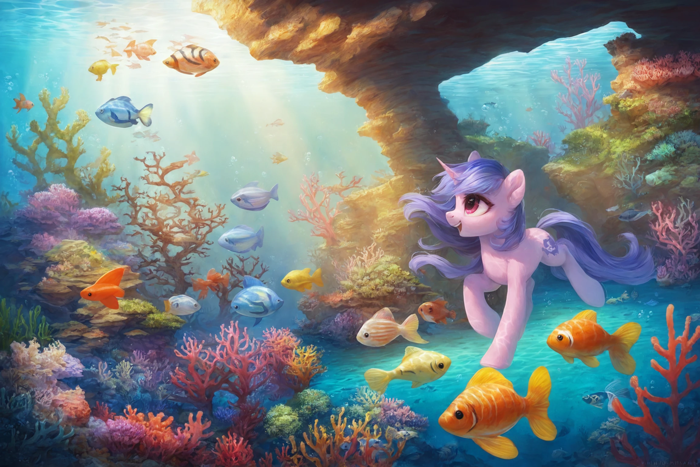 score_9, score_8_up, score_7_up BREAK
source_pony, rating_safe, xyswzrl, unicorn, underwater, swimming, tropical fish, clownfish, pufferfish, aquatic, water effect, sun rays through water, scenery porn, coral, reef, detailed background, detailed, best quality <lora:xyswzrl4:1>