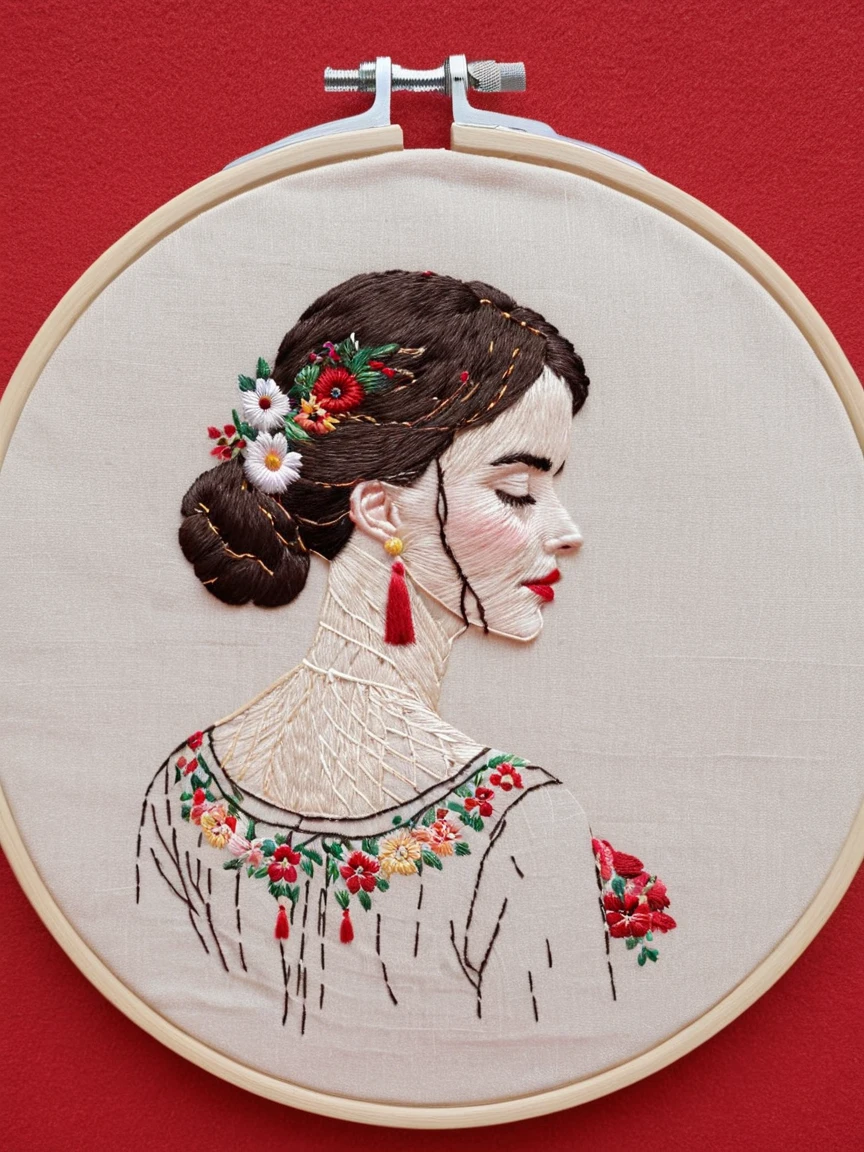 <lora:EmbroideryXL:1> woman embroidery,