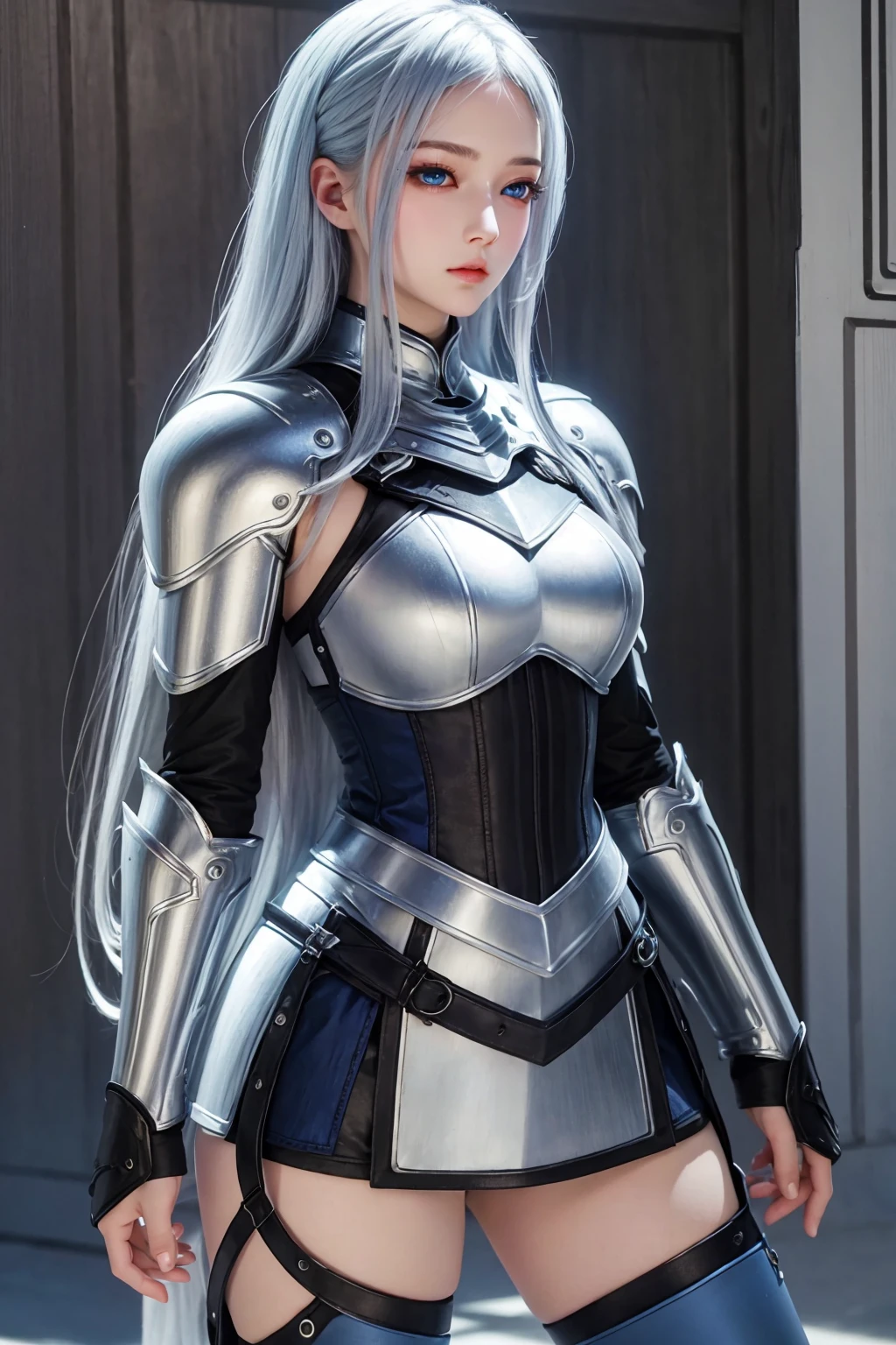 masterpiece,best quality,1girl,women,solo,hips up,upper body,closed mouth,accessories,full armor,knight,black sockpant,thigh boot,long white hair,blue eyes,<lora:more_details:0.3>,<lora:narakazaiji1:0.6>,