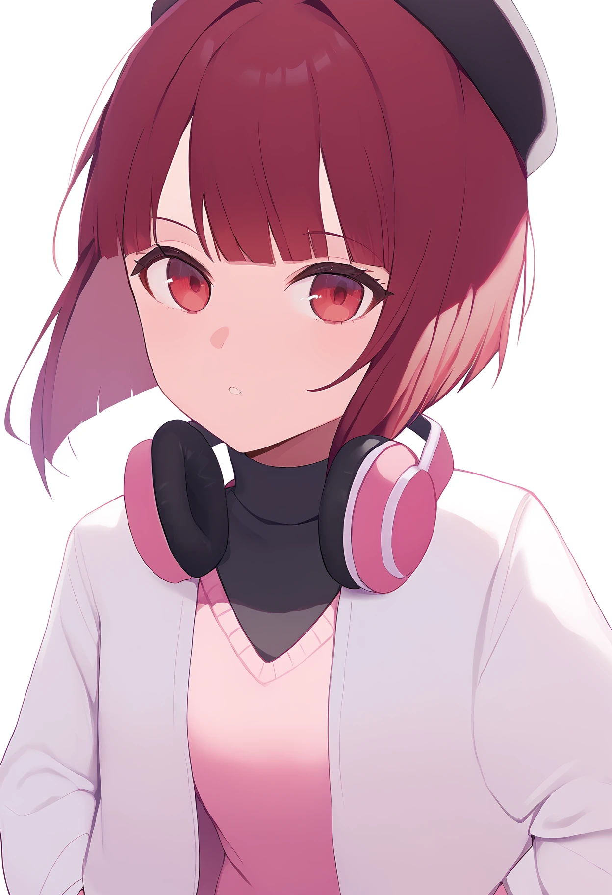 1girl,
arima kana,
bob cut, looking at viewer, inverted bob, open clothes, black headwear, pink headphones, medium hair, open jacket, solo, white jacket, hair between eyes, striped clothes, white background, upper body, red hair, long sleeves, sweater, striped headwear, simple background, pink sweater, parted lips, turtleneck, light blush, red eyes, v, hand in pocket, turtleneck sweater, blunt bangs, black shirt, headphones, headphones around neck, shirt, jacket,
score_9, sfw
<lora:pony_char_arima_kana-000011:1>