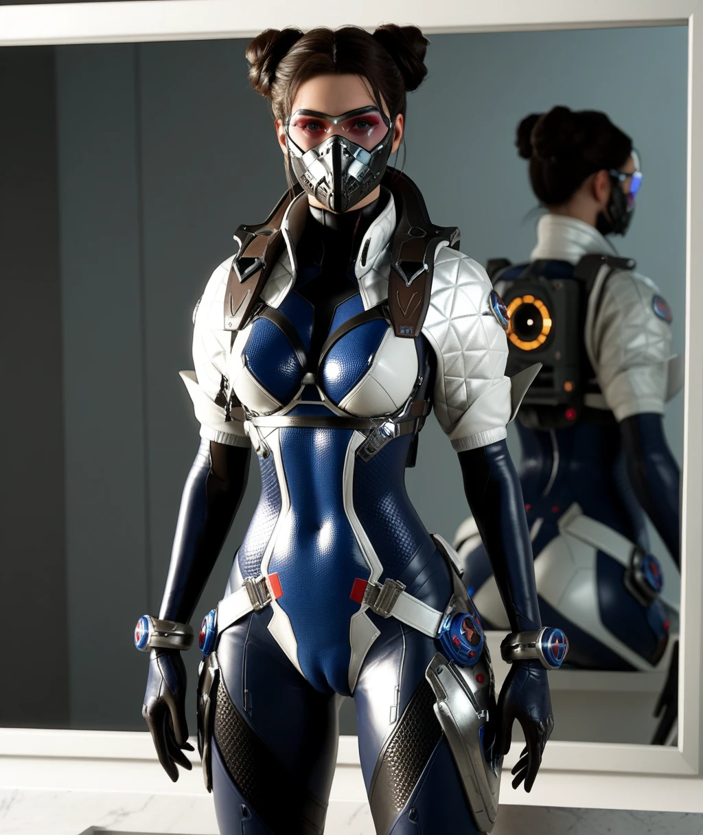 score_9, score_8_up, score_7_up, score_6_up, 8unnee, 1girl, solo, brown hair, double bun, distinguished eyelashes, bodysuit, white shoulder pads, science fiction, tactical facemask with eyeglass protection, reflection, With one foot forward and hands clasped behind her, she gazes into the horizon, evoking a sense of contemplation and future possibilities, puffy pussy, cameltoe, skintight, 3D, CGI, video game character, source_anime, rating_explicit, <lora:Bunny_TFD-000060:0.5>