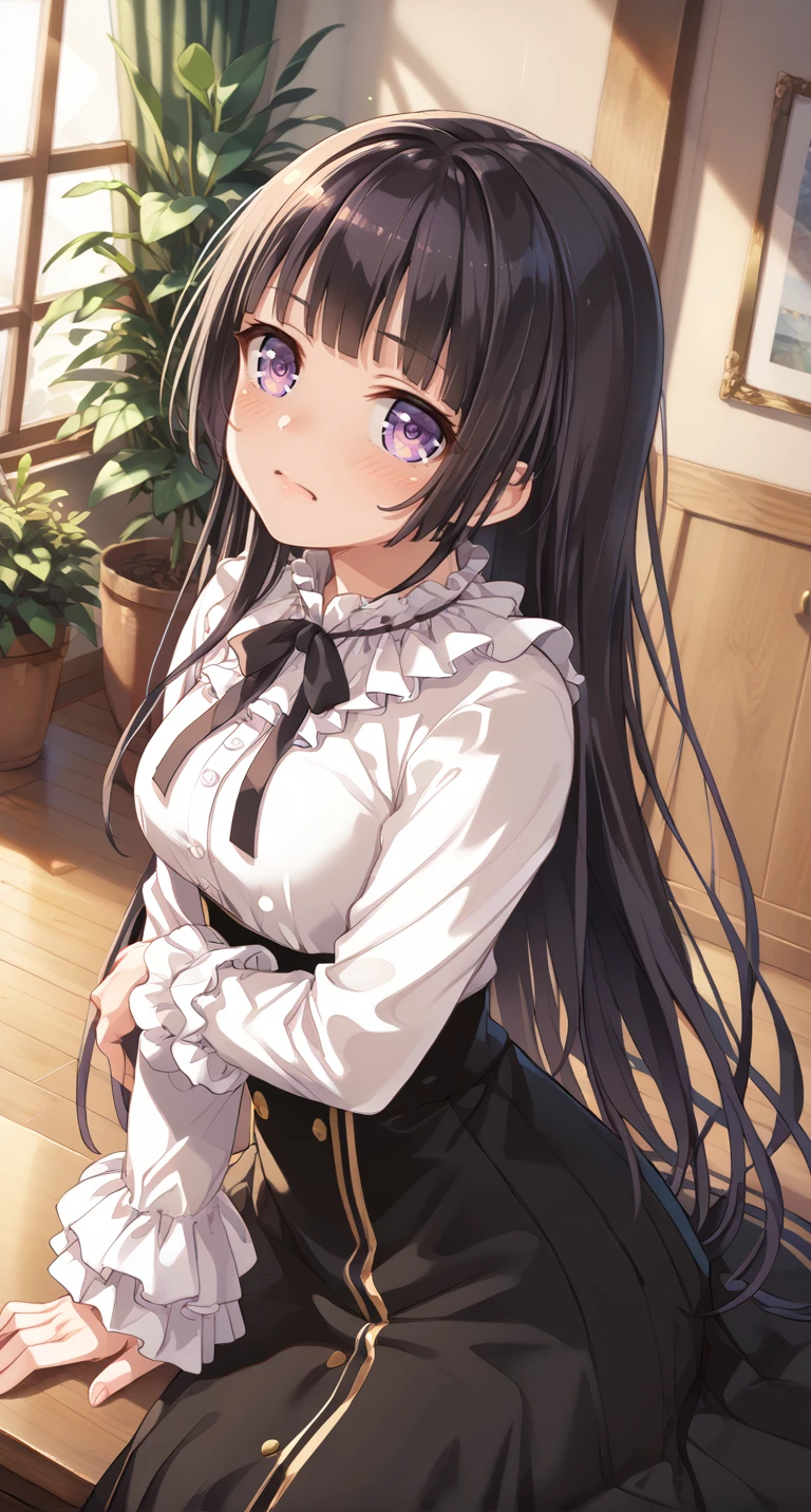 score_9,score_8_up,score_7_up,
official art,official style,game cg,megami magazine,
uncensored,
1girl,
bang dream!,
shirokane rinko,
srknrnkcasual,black hair,very long hair,black ribbon,black skirt,blunt bangs,long skirt,white shirt,
frilled shirt collar,frilled sleeves,frills,high-waist skirt,hime cut,neck ribbon,purple eyes,
<lora:bang_dream_shirokane_rinko_pony_v2:1>,