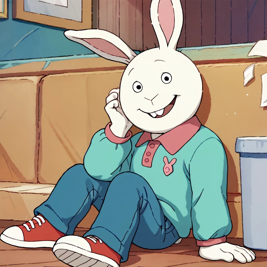 score_9, score_8_up, score_7_up BREAK BusterBax, 1boy, anthro bunny, white fur, white body, black eyes, buckteeth, pink-collared cyan long-sleeved polo shirt, jeans, red white shoes, smiling at viewer,