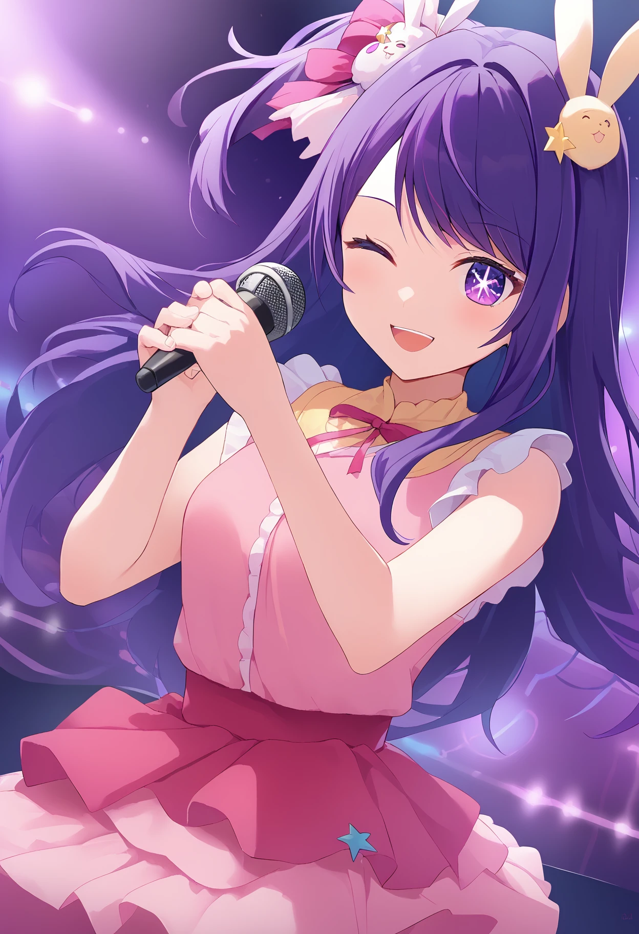 1girl,
hoshino ai \(oshi no ko\),
solo, star-shaped pupils, looking at viewer, sidelocks, standing, one eye closed, hands up, sleeveless shirt, pink shirt, swept bangs, symbol-shaped pupils, frills, sleeveless, microphone, star \(symbol\), stage lights, stage, bare shoulders, smile, purple eyes, skirt, frilled shirt, holding, purple hair, ribbon, idol, cowboy shot, blush, pink skirt, ;d, floating hair, rabbit hair ornament, pink ribbon, teeth, star hair ornament, hair ornament, open hand, multicolored clothes, long hair, multicolored skirt, open mouth, shirt, holding microphone,
score_9, sfw
<lora:pony_char_hoshino_ai_(oshi_no_ko)-000004:1>