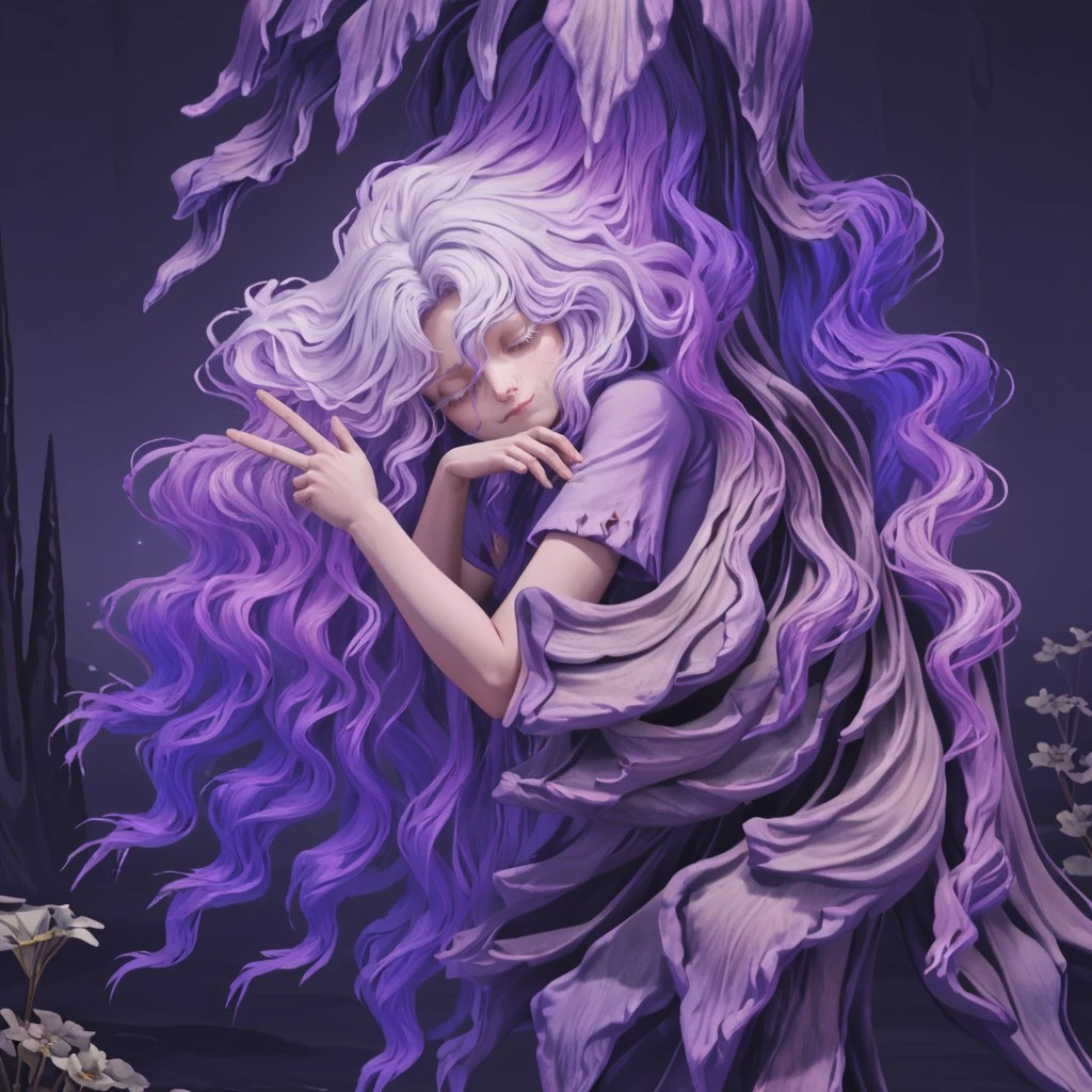 1girl,solo,<lora:St Trina:1>,st. trina,purple tree,monster girl,dryad,white hair,purple hair,multicolored hair,wavy hair,spiral hair,white eyelashes,closed eyes,closed mouth,purple robe,short sleeves,
cave,white flower,stalagmite,facing viewer,hand up,v,head rest,root leg,game screenshot,, score_9, score_8_up, score_7_up,masterpiece, best quality, very aesthetic, absurdres,