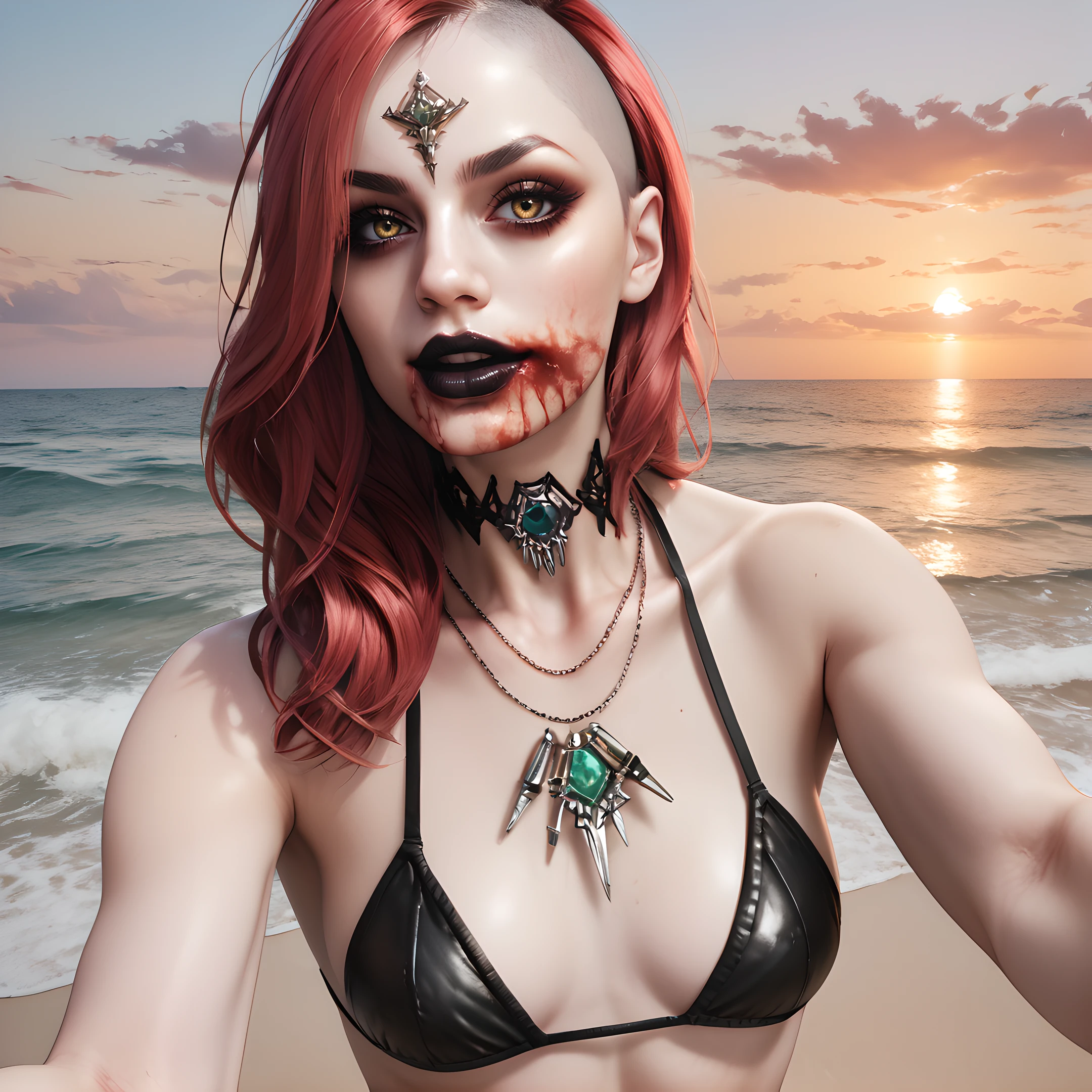 daniela, solo, 1girl, jewelry, necklace, black lips, looking at viewer, long hair, blood, choker, red hair, yellow eyes, bloody mouth, <lora:Daniela_Dimitrescu_-_Resident_Evil_Village:0.9>
BREAK
level_9, level_8_up, level_7_up, level_6_up, level_5_up, source_cartoon, masterpiece 
BREAK
outdoor, beach, ocean, water, sunset, selfie, bikini, navel, small chest, side cut