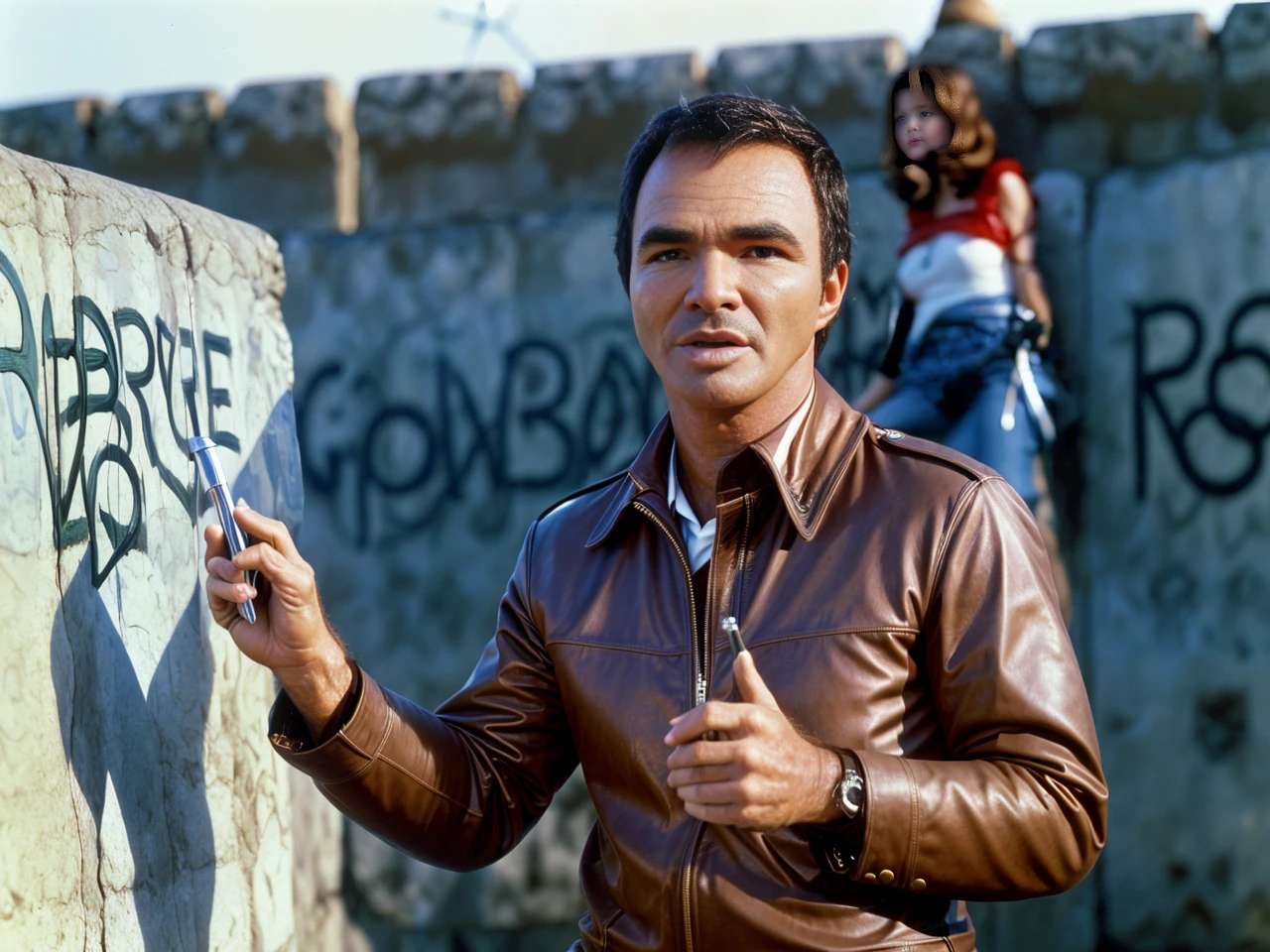 <lora:BurtReynolds:1> burt reynolds playing with a subhuman porn actrice performing on the berlin wall, 4k, raw, masterpiece