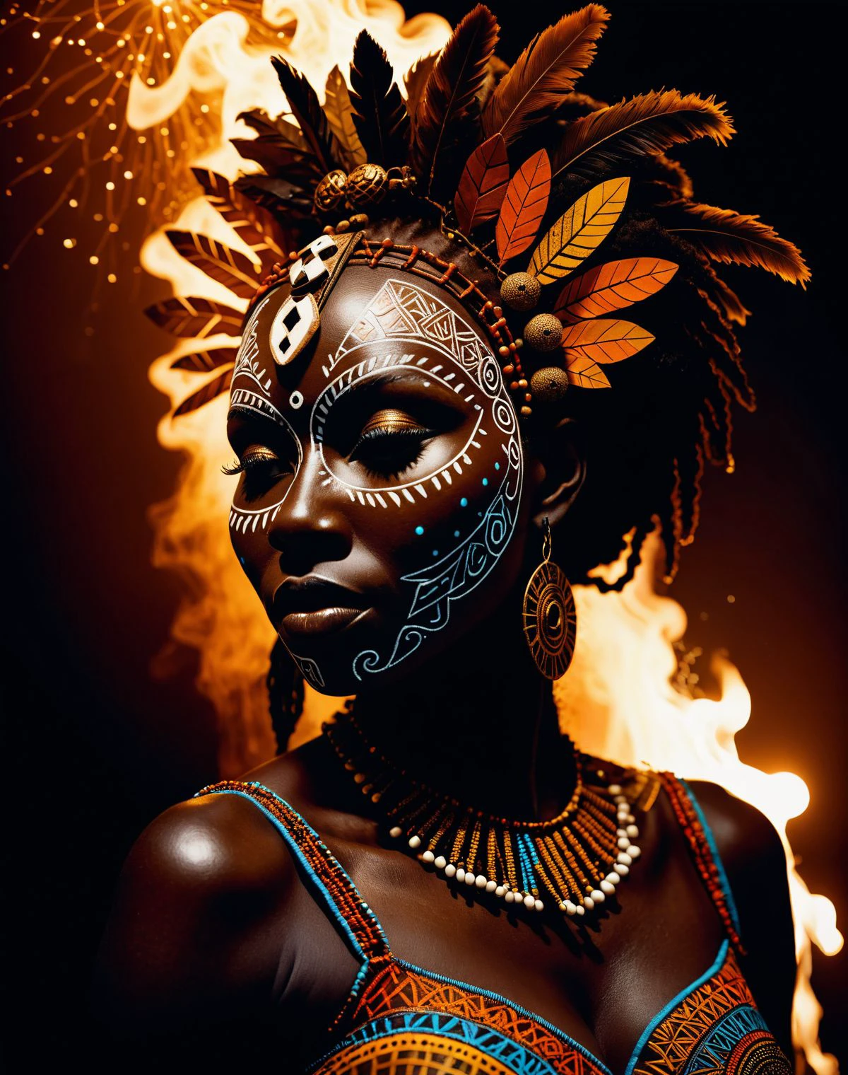 A cinematic photograph of a woman donning traditional African voodoo mask, voodoo mask with intricate patterns, at night, ember sparks and particles, ((chiaroscuro)), side profile, looking away from the camera, magic realism style, ethereal beauty, three quarters body shot, enhanced detail, vivid colors, film photography