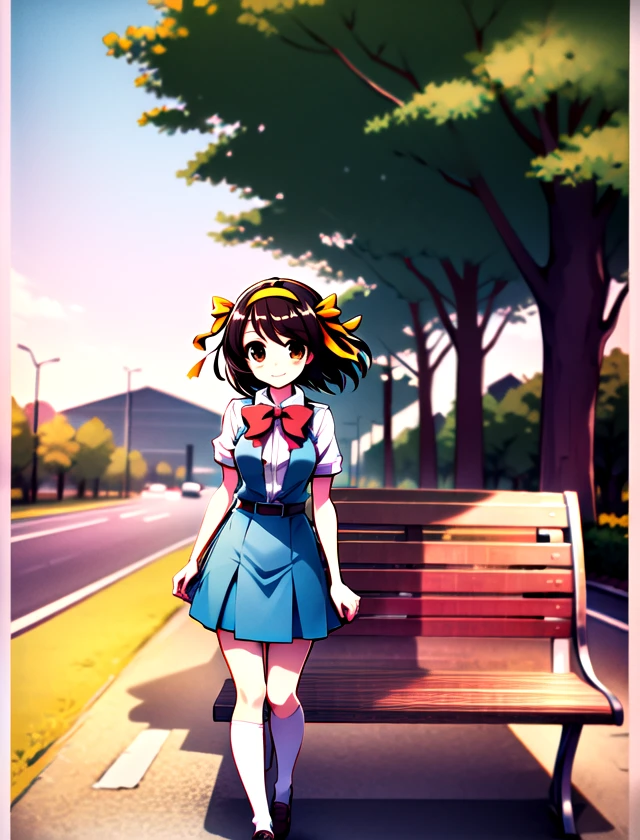 Haruhi Suzumiya, solo, standing, outside, 1girl   <lora:Haruhi-Suzumiya:1>