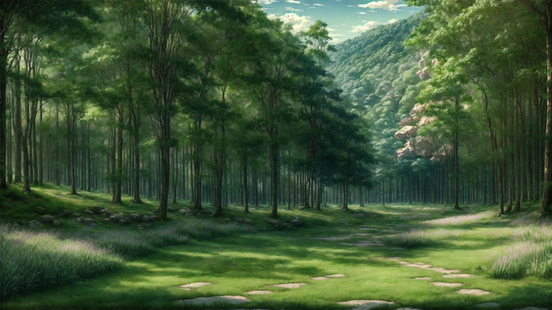 Role-playing game (RPG) style fantasy (an outdoor landscape shot of a leafy green forest: 1.1), (with a wide grassy clearing in the middle: 1.1), (in a visual novel style: 1.1), <lora:fantasybgv1:0.8>, fantasybg, no humans, very detailed, <lora:more_details:0.6>, high quality, highres, masterpiece, best quality, 8k, intricate, detailed, <lora:add_detail:0.6> . Detailed, vibrant, immersive, reminiscent of high fantasy RPG games